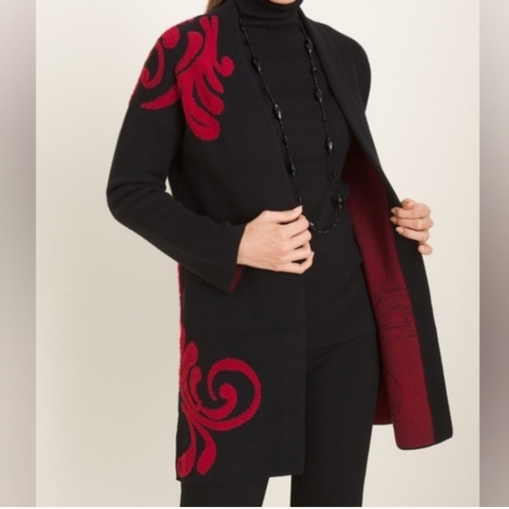NWT Chicos Cardigan Open Front Longer Length Black Red Textured Scroll Pattern 2